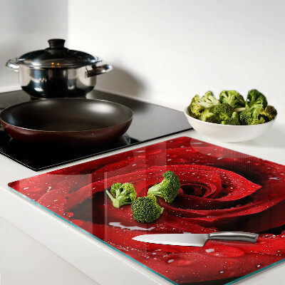 Tagliere in vetro temperato Rosa rossa con gocce d'acqua