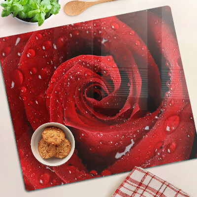 Tagliere in vetro temperato Rosa rossa con gocce d'acqua