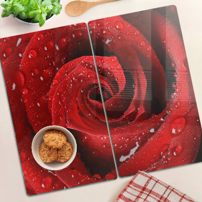 Tagliere in vetro temperato Rosa rossa con gocce d'acqua