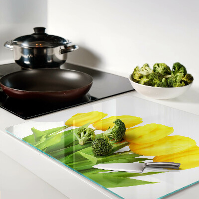 Tagliere in vetro temperato Tulipani gialli su sfondo verde