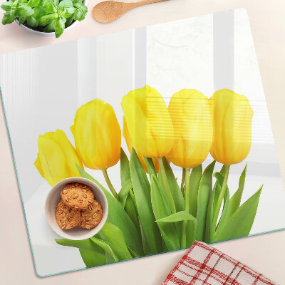 Tagliere in vetro temperato Tulipani gialli su sfondo verde