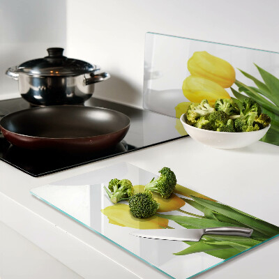 Tagliere in vetro temperato Tulipani gialli su sfondo verde