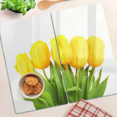 Tagliere in vetro temperato Tulipani gialli su sfondo verde