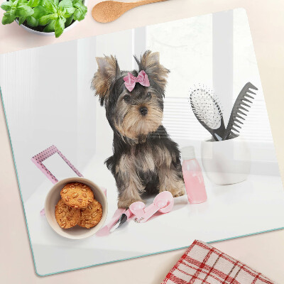 Tagliere in vetro Yorkshire Terrier con accessori per la toelettatura