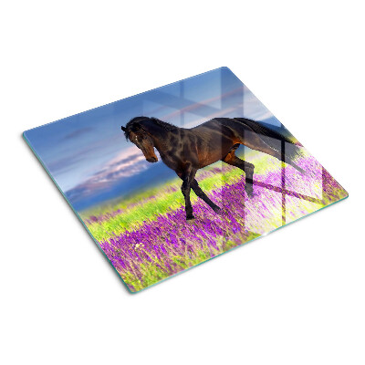 Tagliere in vetro temperato Cavallo su uno sfondo di fiori viola
