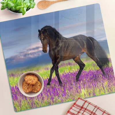 Tagliere in vetro temperato Cavallo su uno sfondo di fiori viola