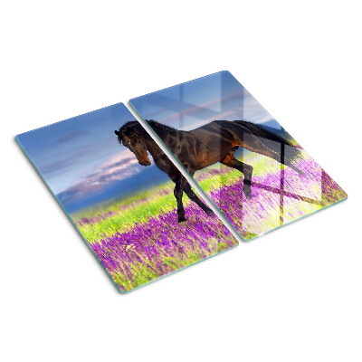 Tagliere in vetro temperato Cavallo su uno sfondo di fiori viola