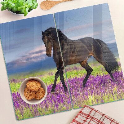 Tagliere in vetro temperato Cavallo su uno sfondo di fiori viola
