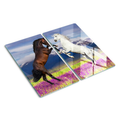 Tagliere in vetro Cavalli sullo sfondo di montagne e fiori