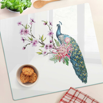 Tagliere in vetro temperato Pavone con fiori