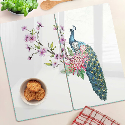 Tagliere in vetro temperato Pavone con fiori