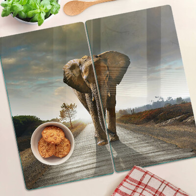 Tagliere in vetro temperato Elefante sulla strada al tramonto