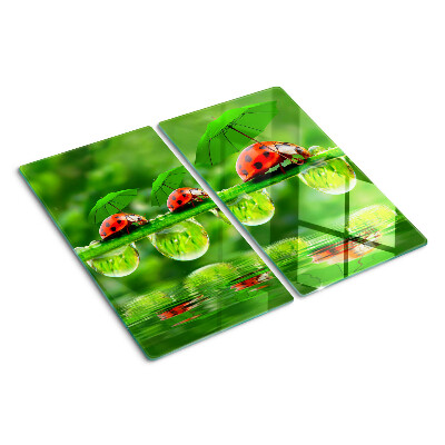 Tagliere in vetro Coccinelle sulle foglie con gocce d'acqua