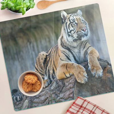 Tagliere in vetro temperato Tigre su un tronco d'albero