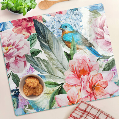 Tagliere in vetro Fiori e uccelli in acquerello