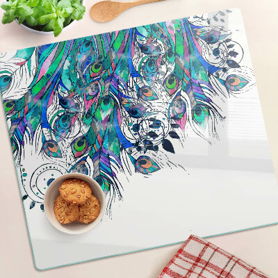 Tagliere in vetro Piume di pavone nei colori verde e blu