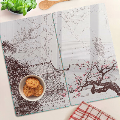 Tagliere in vetro temperato Paesaggio montano con alberi in fiore