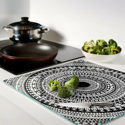 Tagliere in vetro Mandala nei toni del bianco e del nero