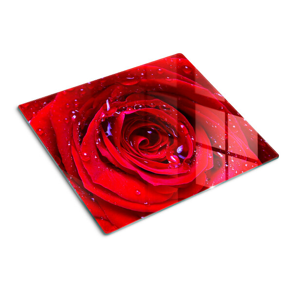 Tagliere in vetro temperato Rosa rossa con gocce d'acqua