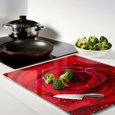 Tagliere in vetro temperato Rosa rossa con gocce d'acqua