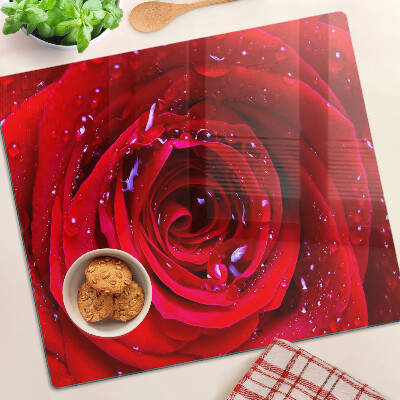 Tagliere in vetro temperato Rosa rossa con gocce d'acqua
