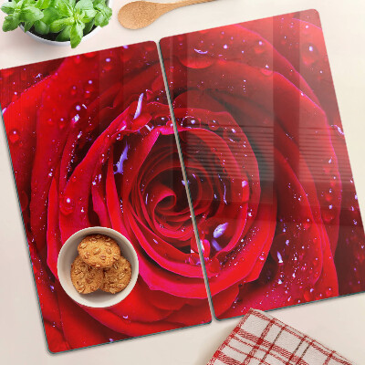 Tagliere in vetro temperato Rosa rossa con gocce d'acqua