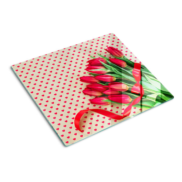 Tagliere in vetro Tulipani con cuori e nastro