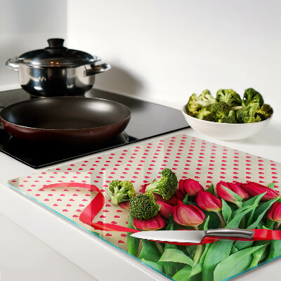 Tagliere in vetro Tulipani con cuori e nastro