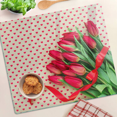 Tagliere in vetro Tulipani con cuori e nastro