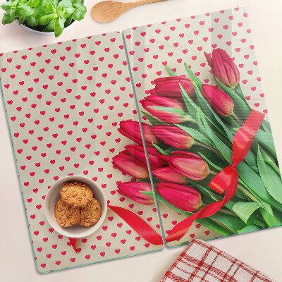 Tagliere in vetro Tulipani con cuori e nastro