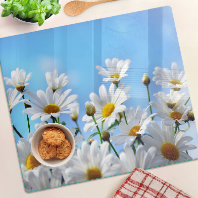 Tagliere in vetro temperato Fiori di margherita su sfondo blu