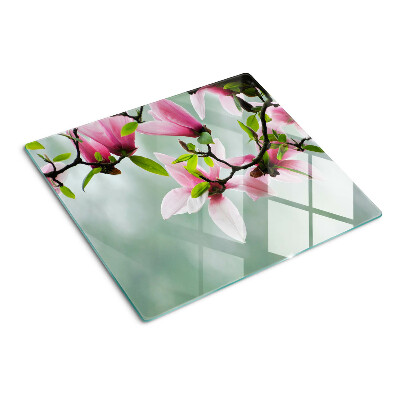 Tagliere in vetro temperato Fiori di magnolia su uno sfondo di verde