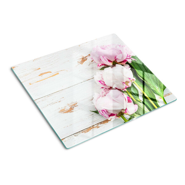 Tagliere in vetro temperato Fiori di peonia su uno sfondo di legno