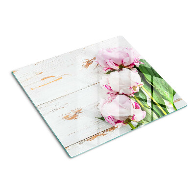Tagliere in vetro temperato Fiori di peonia su uno sfondo di legno