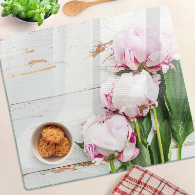 Tagliere in vetro temperato Fiori di peonia su uno sfondo di legno