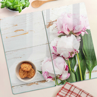 Tagliere in vetro temperato Fiori di peonia su uno sfondo di legno