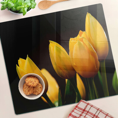 Tagliere in vetro temperato Tulipani gialli su sfondo nero