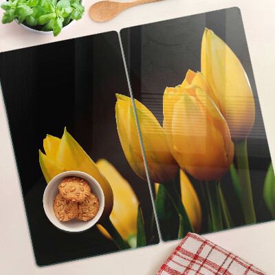 Tagliere in vetro temperato Tulipani gialli su sfondo nero