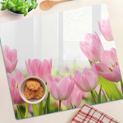 Tagliere in vetro temperato Tulipani rosa nel giardino
