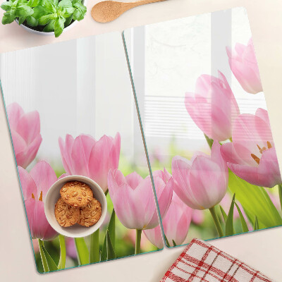 Tagliere in vetro temperato Tulipani rosa nel giardino