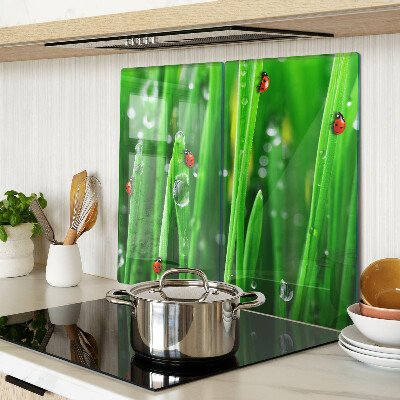 Tagliere in vetro temperato Gocce d'acqua sull'erba con le coccinelle
