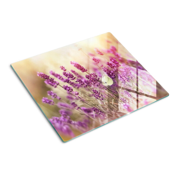 Tagliere in vetro temperato Campo di lavanda con farfalla