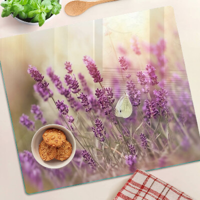 Tagliere in vetro temperato Campo di lavanda con farfalla