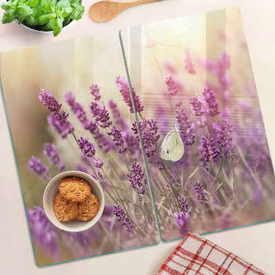 Tagliere in vetro temperato Campo di lavanda con farfalla
