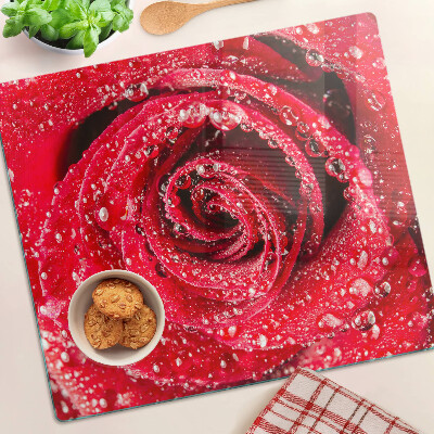 Tagliere in vetro Rosa rossa con gocce d'acqua