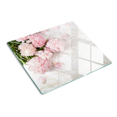 Tagliere in vetro temperato Fiori di peonia su sfondo di marmo