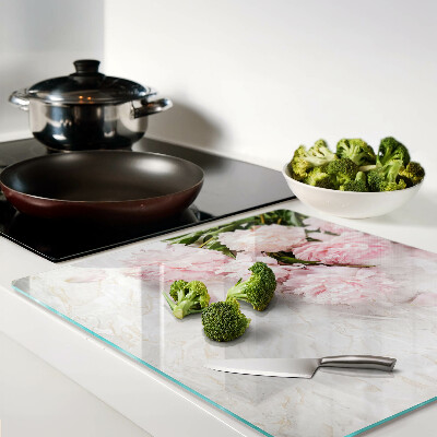Tagliere in vetro temperato Fiori di peonia su sfondo di marmo