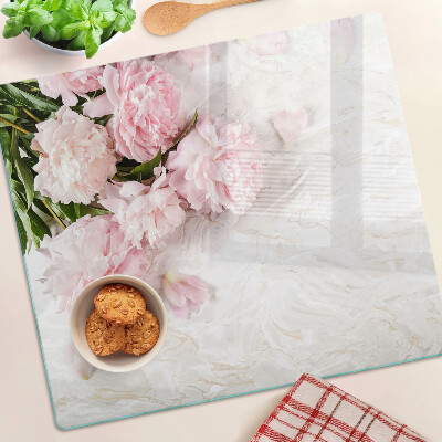 Tagliere in vetro temperato Fiori di peonia su sfondo di marmo