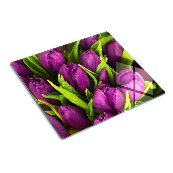 Tagliere in vetro temperato Tulipani viola con foglie verdi