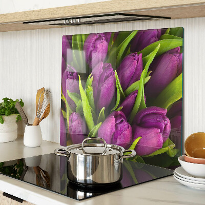 Tagliere in vetro temperato Tulipani viola con foglie verdi
